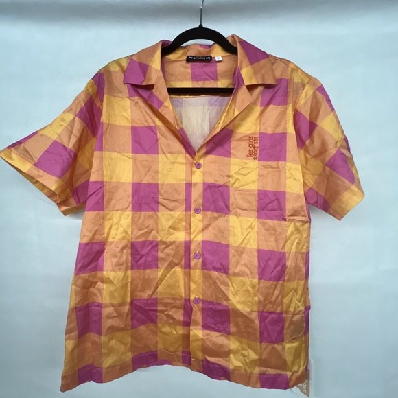 NEW Sz M Medium Les Girls Les Boys Giant Gingham Orange Pink Print Pajama Shirt - Picture 6 of 8